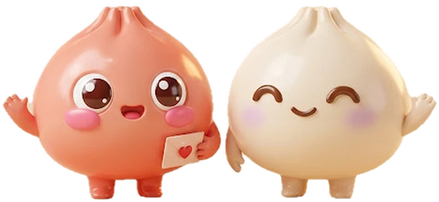Two momos, one coral and one ivory, waving