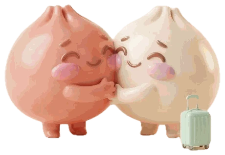 The two momos hugging, a little suitcase beside them