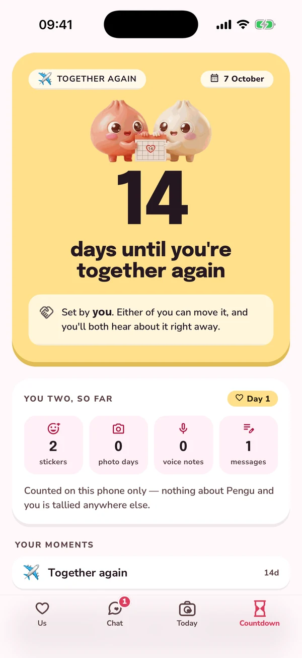 The Countdown screen: 14 days until you're together again
